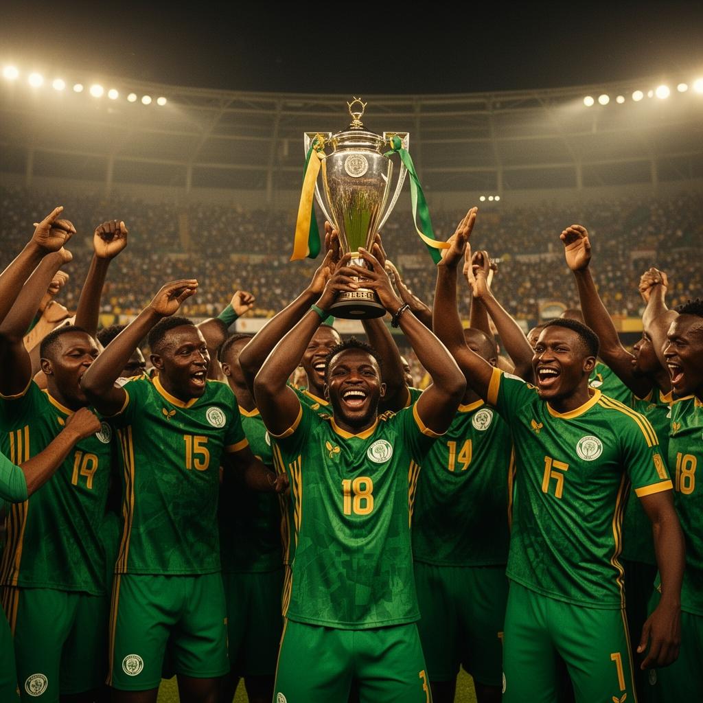 Nigerian national team athletes celebrating with trophy