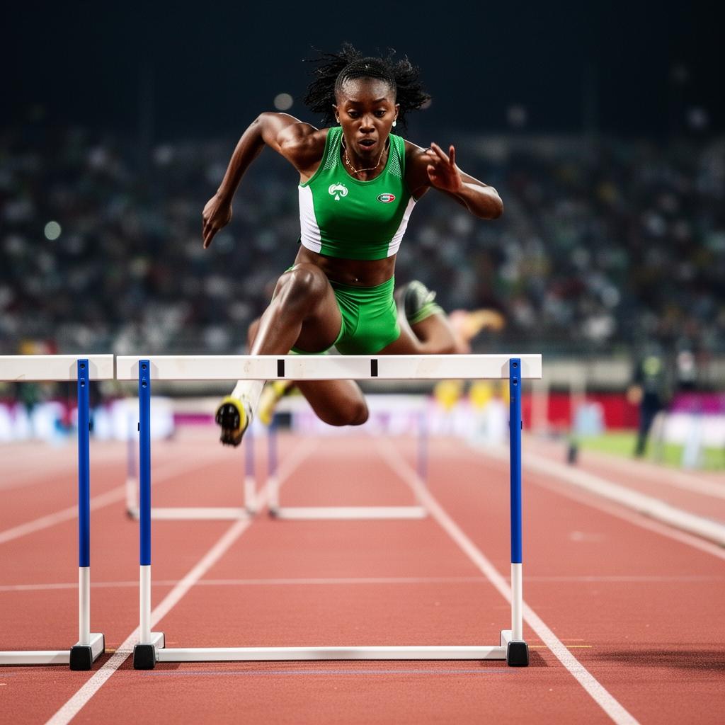 Tobi Amusan clearing a hurdle in Nigerian colours at Paris 2024