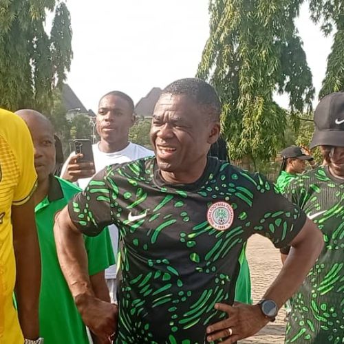 The Director General and Chief Executive Officer of the National Institute for Sports (NIS), H.E. Comrade Philip Shaibu, participating in the first-ever joint aerobics session involving the Nigeria Football Federation (NFF), National Sports Commission (NSC), National Institute for Sports (NIS), and the Senior Special Assistant (SSA) on Grassroots Sports Development to President Ahmed Bola Tinubu.